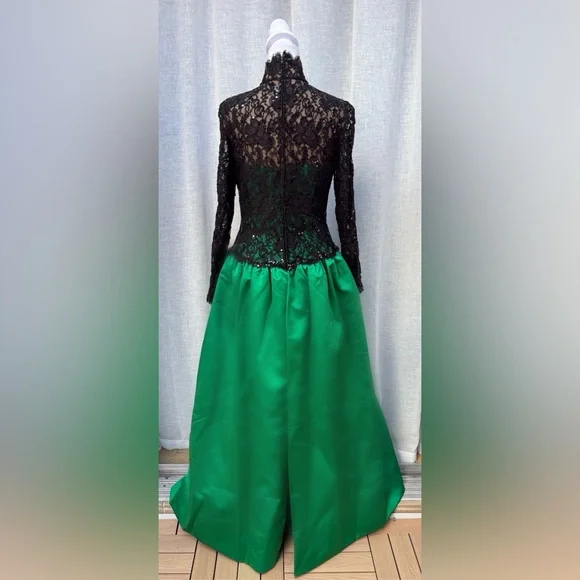 Bob Mackie boutique green black maxi gown dress with floral lace top